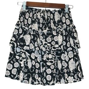 Anthropologie Black Tiered Floral Lined Mini Skirt Women’s Size XSP